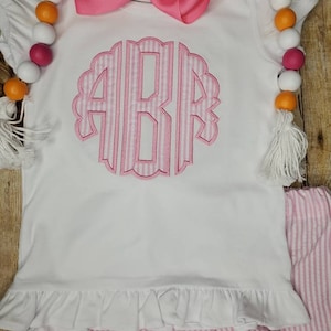 Scallop Circle Monogram Embroidered Shirt- Blue or Pink Seersucker Ruffle Shorts