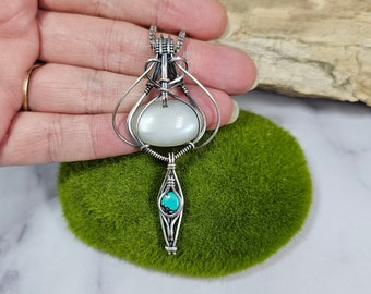 Moonstone Bisbee Turquoise sterling silver wire wrapped Amulet Sam Art Studio design