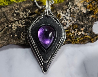 Big bold amethyst gemstone crystal sterling silver wire wrapped Amulet Sam Art Studio design