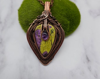 Rare Atlantisite with Amethyst crystal hand formed Artisan clay copper wire wrapped Sam Art Studio design Amulet
