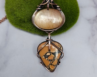 Silver backed Rutilated Quartz maligano Jasper copper wire wrapped Sam Art Studio design