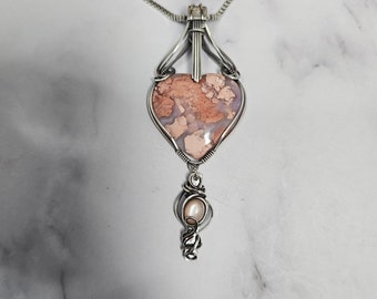 Pink flower agate heart with peach moonstone dangle sterling silver wire wrapped Sam Art Studio design Amulet