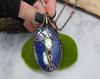 Large lapis lazuli with abalone shell copper wire wrapped Sam Art Studio design Amulet