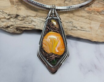 yellow chalcedony fused glass Jade hand formed Artisan clay silver wire wrapped Sam Art Studio design