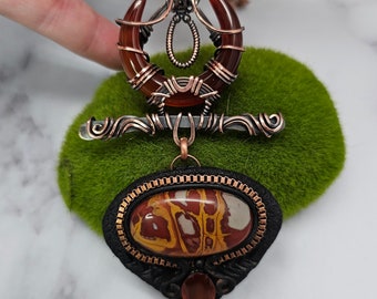 Noreena Jasper carnelian Agate crescent moon Hessonite Garnet copper wire work Sam Art Studio design