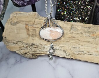 Pink scolecite pink mother of pearl sterling silver wire work Sam Art Studio design Amulet