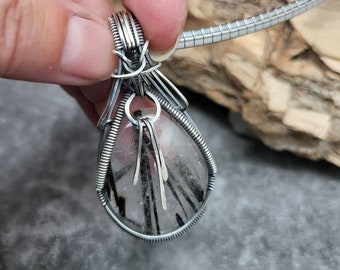 Tourmalaited quartz sterling silver wire wrapped Amulet Sam Art Studio design  gemstone Talisman Samulet