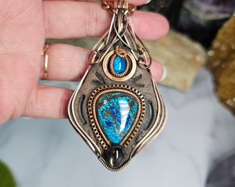 Bisbee Shattuckite kyanite crystal black Sunstone in hand formed Artisan clay copper wire wrapped Sam Art Studio design Amulet