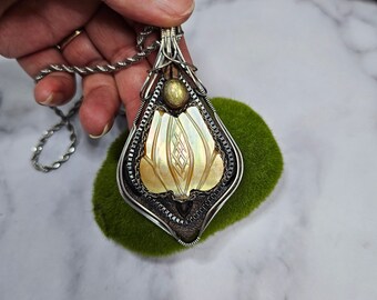 mother of pearl lotus flower with Citrine crystal in hand formed Artisan clay sterling silver wire wrapped Sam Art Studio design Amulet