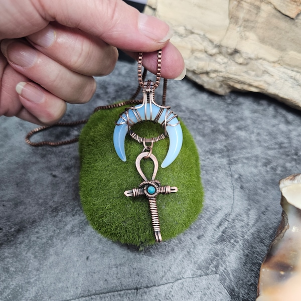 Egyptian Ankh Opalite crescent moon Az turquoise Sam Art Studio design Amulet