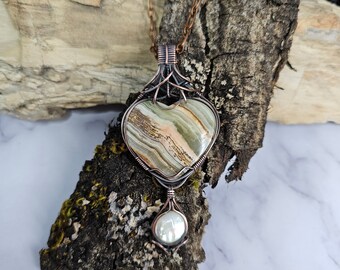 Arizona petrified wood heart with mother of pearl copper wire wrapped Sam Art Studio design