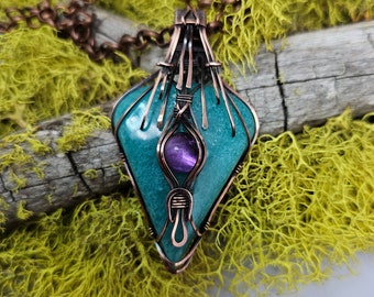 Amazonite Amethyst crystal copper wire wrapped Sam Art Studio design Amulet