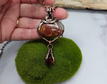 Noreena jasper with Hessonite Garnet copper wire wrapped Sam Art Studio design Amulet