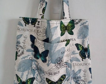 Curved Bottom Borboleta Indigo Canvas Tote, Butterfly Tote