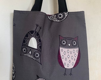 Oversized Artzy Owls on Gray Handmade Tote