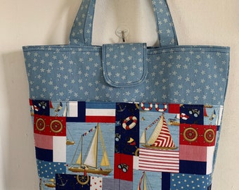 Nautical Boats on Denim W/ Stars Beach Bag