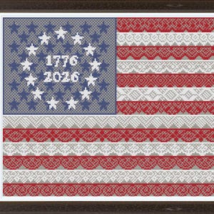 Puede incluir: Un bordado a punto de cruz enmarcado que representa la bandera estadounidense. La bandera presenta un cantón azul con estrellas blancas y los años 1776 y 2026. Las franjas alternan entre rojo, blanco y gris, con intrincados patrones de encaje.