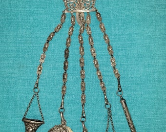 Fabulous antique EPNS silver Chatelaine w/5 matching tools: Scissor Sheath, Note Cards, Pin Keep, Retractable Pencil, & Thimble Holder.