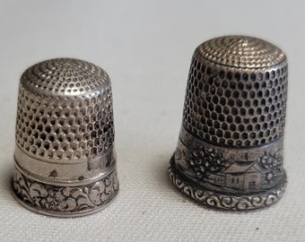 Antique Simons Brothers Sterling Silver Thimbles - one marked, one unmarked