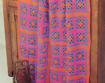 Pink & Orange Granny Square Blanket Pattern, Instant Digital Download pdf, Funky 70s Decor Easy To Make!