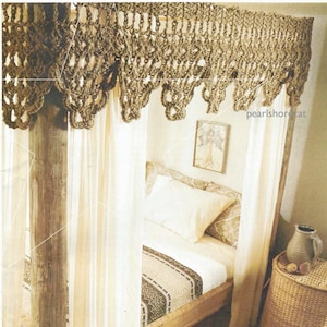 May include: A wooden bed frame with a white canopy and a crocheted top. The bed has a white sheet and a patterned blanket. A wicker side table with a jug and fruit is next to the bed.