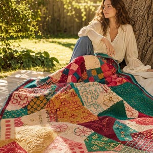 May include: A multi-colored patchwork blanket featuring a variety of intricate knitted and crocheted squares in shades of deep red, mustard yellow, teal, and cream, with diverse geometric and floral patterns stitched into each individual section.
