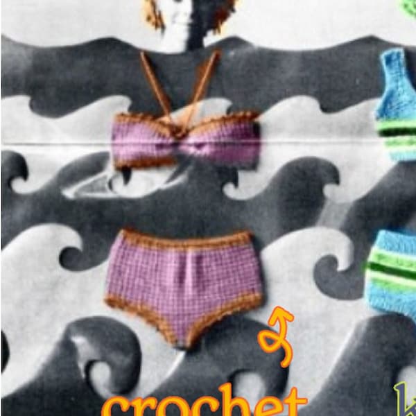 Vintage Bikini Crochet Pattern pdf Summer Fun Sizes 8 10 12 Bust 32 34 36, Instant Digital Download pdf eBook