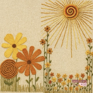 Patrón de bordado Crewel de los años 70, "Flores de prado con sol": idea de regalo nostálgica hecha a mano (descarga instantánea en PDF)