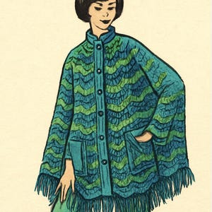 Patroon pdf jaren 70 hippie gehaakte cape met knoop aan de voorkant, zakken en armsgaten - een instant klassieker!