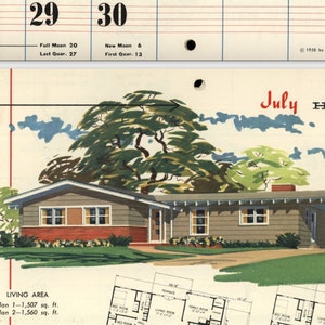 Puede incluir: Una ilustración vintage de una casa de una sola planta con una fachada de ladrillo rojo y un techo gris. La casa tiene un gran jardín delantero con un césped verde y árboles. La ilustración incluye dos planos de planta, uno con sótano y otro sin. El texto "July HOME" está impreso en la parte superior de la ilustración. El texto "THE MENTOR LUMBER & SUPPLY CO." está impreso en la parte inferior de la ilustración.
