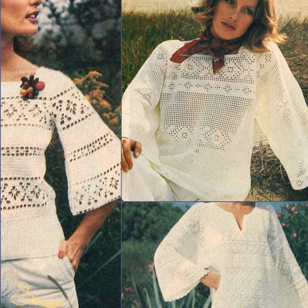 3 - 70s Bell Sleeve Top Filet Crochet Patterns pdf Instant Digital Download,  Boho Summer Crochet Top