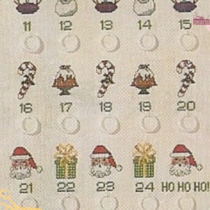 May include: A Christmas advent calendar with 24 numbered doors. Each door has a different image behind it, including a snowman, candy canes, Santa Claus, and presents. The calendar is decorated with a red ribbon and the words "HO HO HO!" at the bottom.