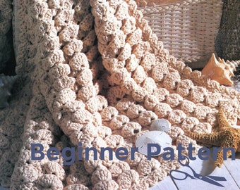 Beginner Blanket Crochet Pattern, One-Stitch Ocean Breeze Shell Stitch Afghan, Instant Digital Download pdf, Beachy Vibes!