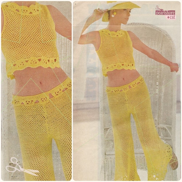 70s Fishnet Bell Bottoms Pants and Matching Halter Top Crochet Patterns pdf Mesh Crop Top Instant Digital Download Beach Goth Vibes