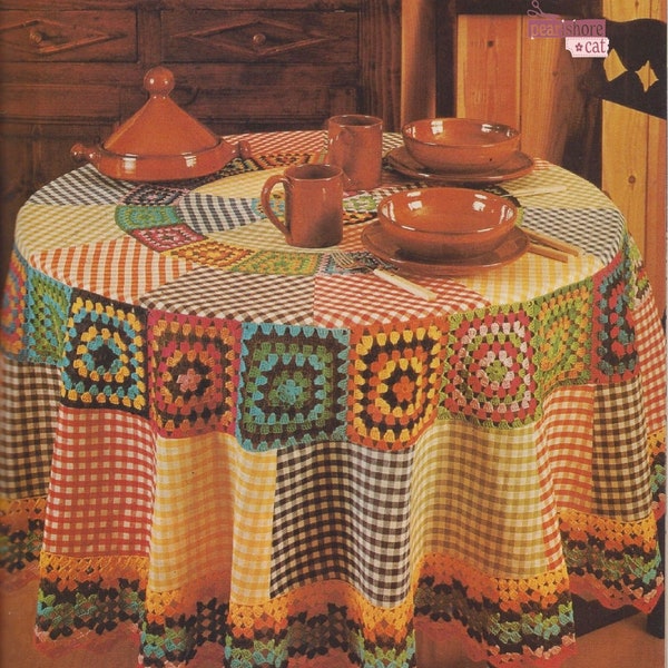 Vintage Crochet Pattern Funky Round Tablecloth pdf Instant Digital Download 70s Granny Square and Patchwork Combo!