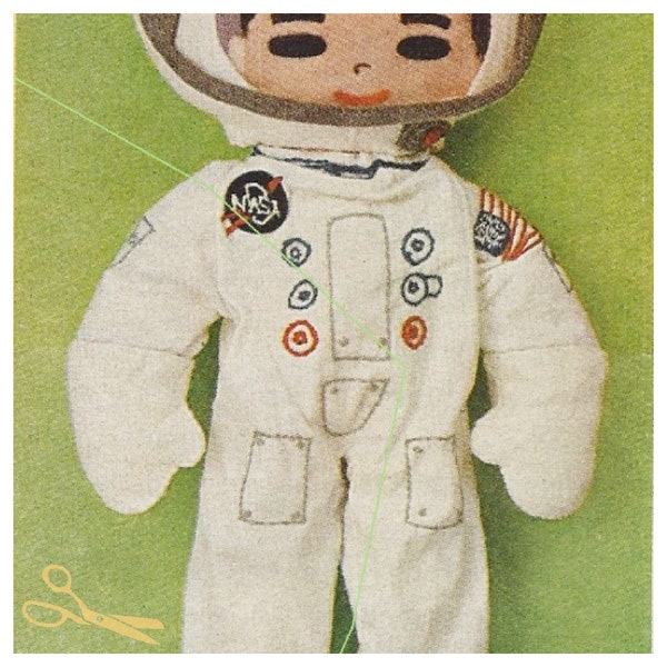 Patrón de costura a mano de muñeca astronauta de la década de 1970 pdf 12" Tela y fieltro Descarga digital instantánea, ¡A la luna!