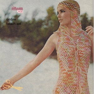May include: A crochet beach set with an ombre pattern in shades of pink, orange, and white. The set includes a sleeveless top and a matching hooded hat.