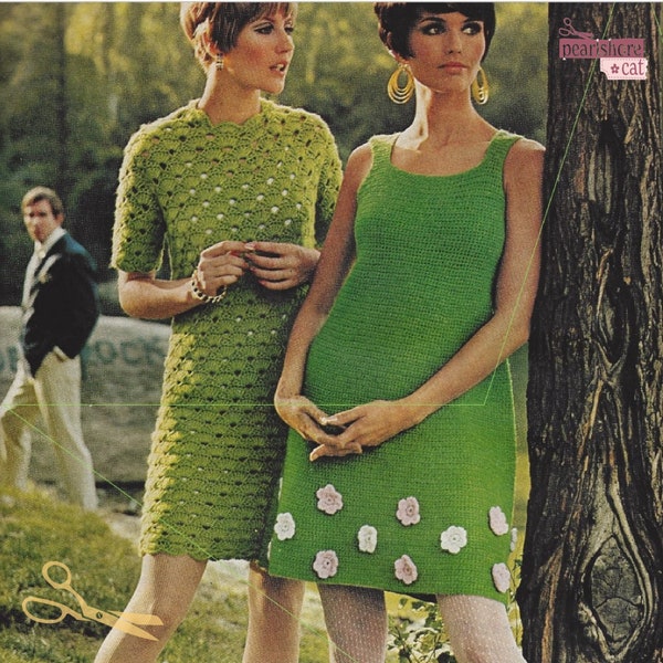 2 Patrones de vestidos de crochet Mod de los años 60 pdf Vestidos estilo años 60 Descarga digital instantánea, diversión súper retro y funky