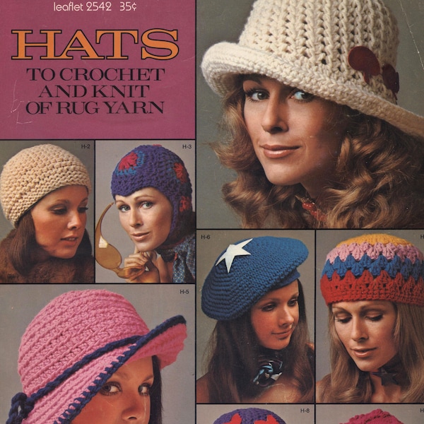 9 Crochet & Knit Hats Patterns eBook, Floppy Sun Bucket Hat Beanie Beret, Vintage 70s, Instant Digital Download pdf