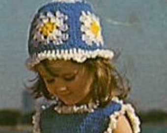 2 Daisy Granny Square Bucket Hat and Matching Dress Crochet Patterns, Instant Digital Download pdf, Retro 1970s Design!