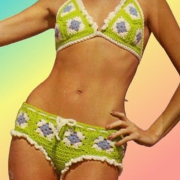Nostalgic Summer Fun: 1970s Granny Square Swimsuit Crochet Pattern  Set of 3 - Instant Download pdf ebook for Summer Short Shorts & Tops