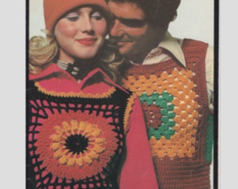 6 Granny Square Tank Top Crochet Patterns, 70s Hippy Mens and Women's Sweater Vests, Instant Digital Download pdf, So Cute! SML