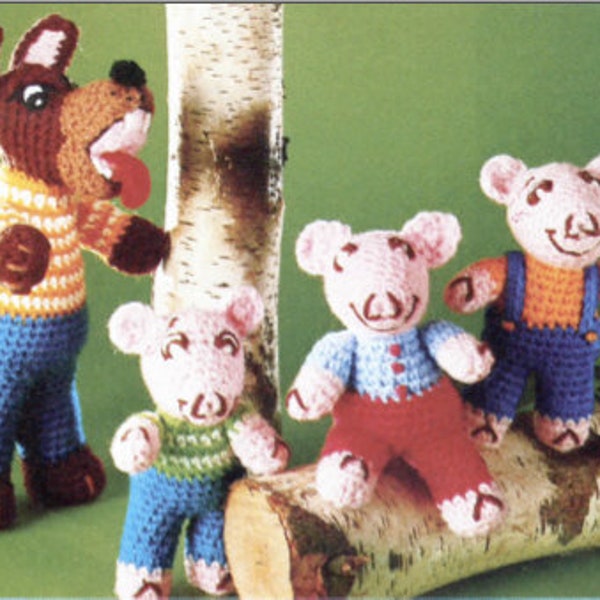 Three Little Pigs & The Big Bad Wolf Patterns 70s Fairy Tale Instant Digital Download pdf Plushie Toys Stuffed Animal Soft Nursery Decor
