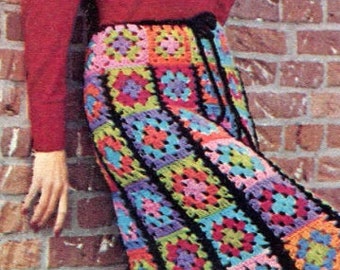 Long Maxi Granny Square Skirt Crocheted Pattern pdf, 1970s Clothing, Instant Digital Download, Hippy Vibes