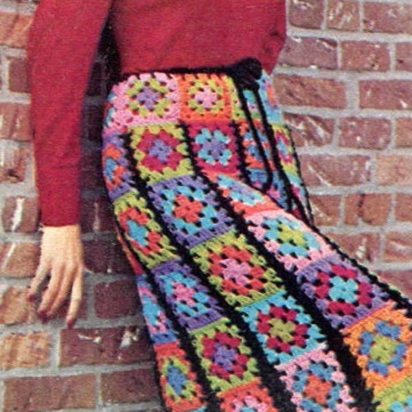 Longue maxi jupe carrée grand-mère au crochet motif pdf, vêtements des années 1970, téléchargement numérique instantané, ambiance hippie