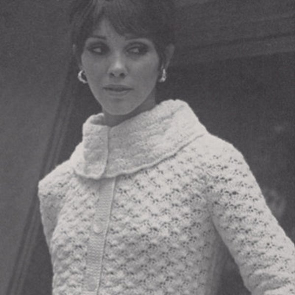 Aran Sweater Fishermans Cardigan Crochet Pattern, Instant Digital Download pdf, Retro Womens Clothing 60s Chunky Bulky Shell Stitch
