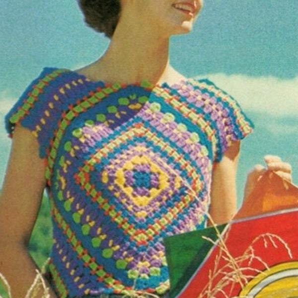 Granny Square Summer Crochet Top Pattern, Instant Digital Download pdf Ebook,  S M L 1970s Blouse in Pastel Tones