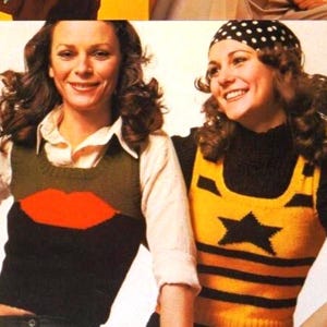 3 Nifty Knit Sweater Vest Patterns pdf Instant Digital Download, Retro 70s Tops Lips, Star, Stripes & Grannies