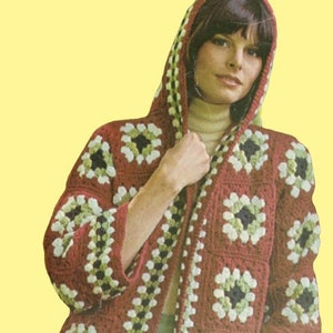 Vintage Hoodie Cardigan Granny Square Crochet Pattern, Festival Top Instant Digital Download pdf ebook, Jacket SML Women’s Hippy Vibes