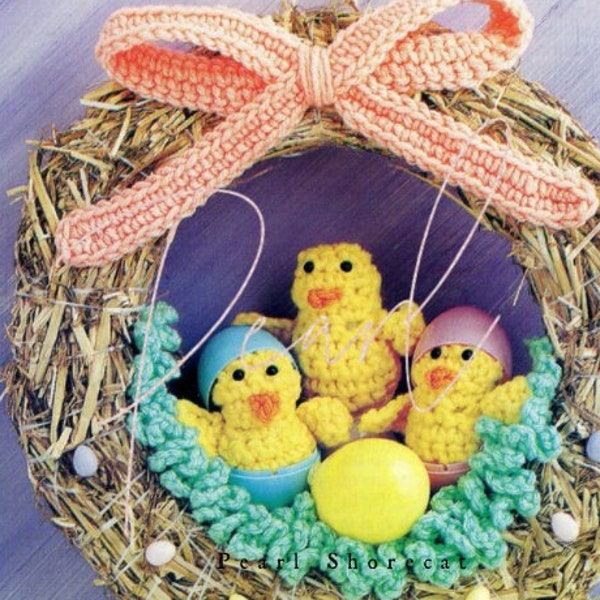 Easter Spring Wreath Crochet Pattern, Adorable Peeps Hatching Chicks Ribbon Bow, Instant Digital Download pdf, Front Door & Holiday Decor